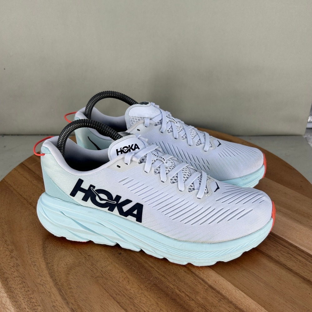 Hoka One One Rincon 3 Womens Running Shoes White Blue Glow 1119396 WBGL Sz 7.5B